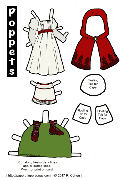 A Little Red Riding Hood paper doll costume to print and play with. One of dozens of fairy tale paper doll designs from paperthinpersonas.com.