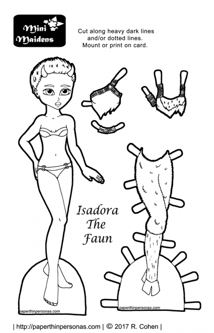 A fantasy faun paper doll in black and white for coloring from paperthinpersonas.com.