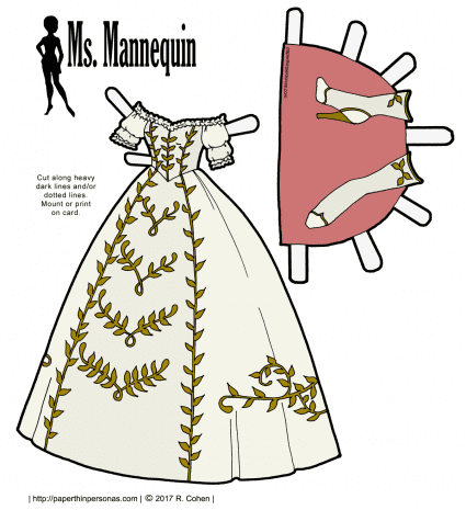 A paper doll ball gown of white trimmed in gold. The boots are gold and white. Free printable paper doll ball gown in color or black and white.