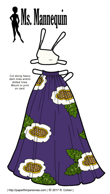 A paper doll prom dress with a cropped top and full floral skirt. Free to print from paperthinpersonas.com.