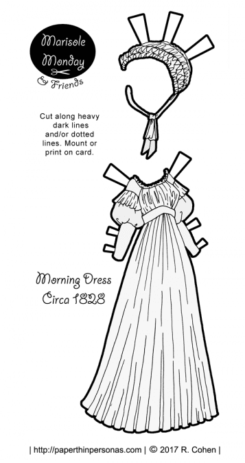 An 1820s morning dress for the Marisole Monday & Friends printable paper doll series from paperthinpersonas.com. Free to print and play with.