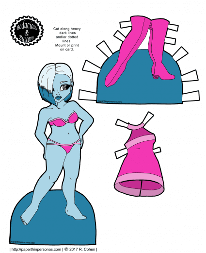 A blue skinned curvy retro alien paper doll printable with pink boots and a pink dress. Free to print from paperthinpersonas.com.