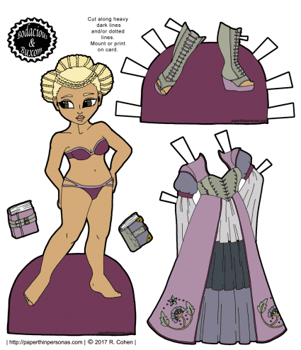 A tanned paper doll with a fancy blond updo decorated with braids and a gown with boots. Free printable in color or black and white from paperthinpersonas.com. 