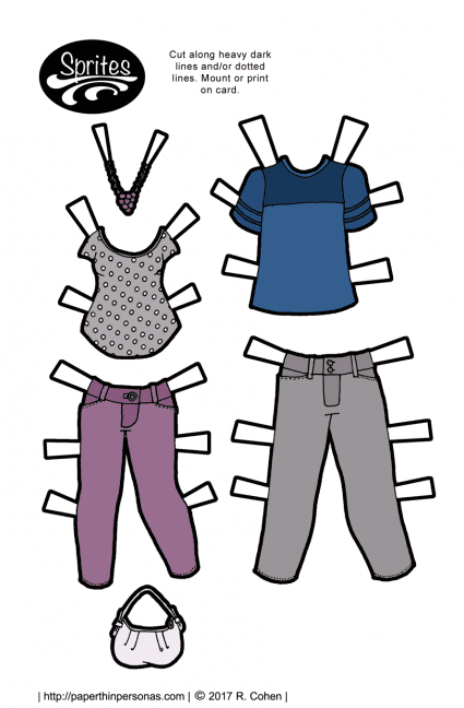 A pair of jeans and two t-shirts for the Sprites printable paper doll clothing series. Free to print in color or black and white from paperthinpersonas.com. 