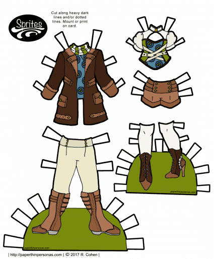 Paper doll steampunk clothing designs for the Sprites paper doll series. Free to print in color or black and white from paperthinpersonas.com