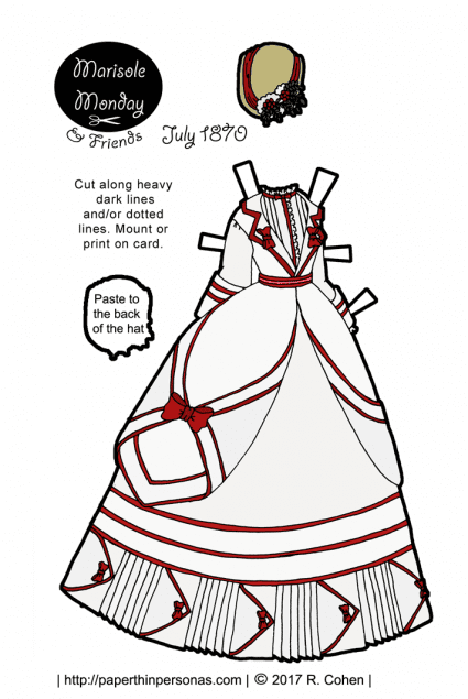 A beautiful Victorian printable paper doll bustle dress based on a dress from 1870. Free to print in color or black and white from paperthinpersonas.com.