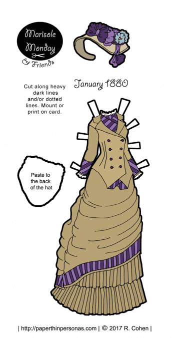 An 1880s bustle dress for a printable paper doll from paperthinpersonas.com. 