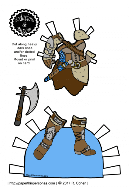 Wildly impractical Viking inspired armor with an axe and boots for a printable paper doll. 