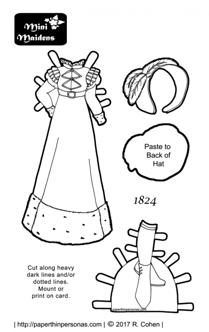 A beautiful paper doll coloring page with an 1824 winter walking dress and boots. Free to print and color from paperthinpersonas.com. 