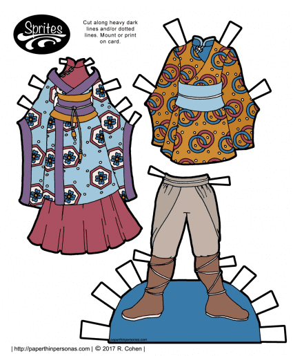A pair of fantasy outfits for the Sprites printable paper doll series based on qiapo and kimono. Free to print in color or black and white from paperthinpersonas.com.
