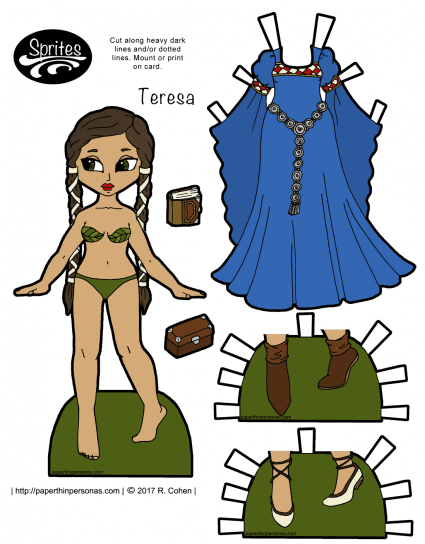 A latina fantasy paper doll based on clothing from the 12th century with a bliaut, shoes and long long braids. Print her from paperthinpersonas.com.