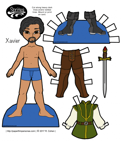 A fantasy paper doll guy with leggings, boots, a tunic and a stylish goatee. Free to print from paperthinpersonas.com.