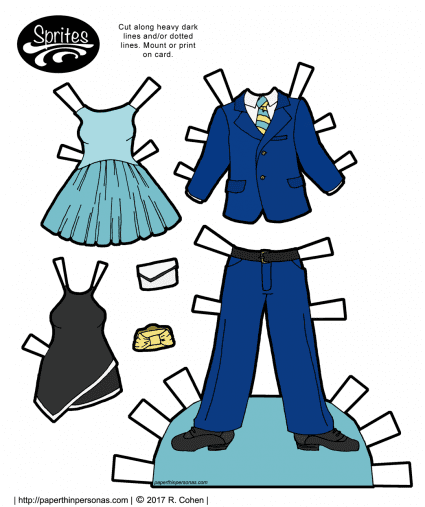 Two cocktail dresses and a suit for the Sprites paper dolls. Free to print and color from paperthinpersonas.com.