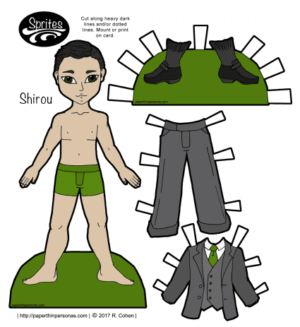 An Asian guy printable paper doll with a dashing three piece grey suit. Free to print from paperthinpersonas.com.