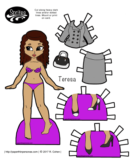 A printable Latina paper doll with a grey suit named Teresa and two pairs of shoes. Part of the Sprites printable paper doll series she can wear any of the ladies Sprite paper doll clothing. 