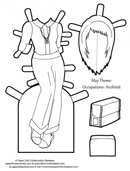 An Archivist paper doll outfit coloring page from paperthinpersonas.com.