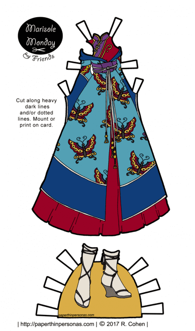 A fantasy gown inspired by kimonos and qipao for the Marisole Monday & Friends free printable paper doll series.