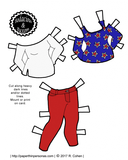 A set of patriotic paper doll clothing to celebrate the 4th of July for the curvy B&B printable paper doll series from paperthinpersonas.com. 
