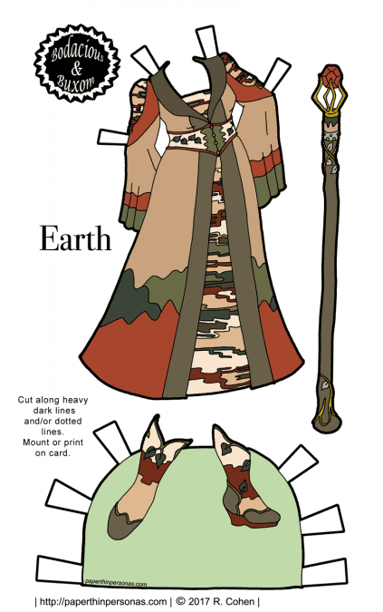 A paper doll fantasy sorceress gown inspired by the element Earth for the B&B curvy printable paper doll series from paperthinpersonas.com.