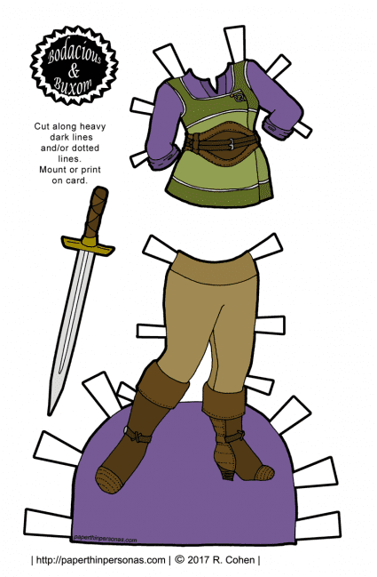 A paper doll adventuring outfit with a belted tunic over a shirt, leggings and boots. She also has a sword. 
