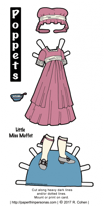 An late 18th century inspired Little Miss Muffet costume in pink and cream with grey shoes for the Poppet's printable paper doll series from paperthinpersonas.com. 