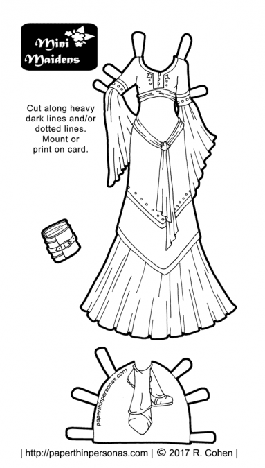 A beautiful fantasy paper doll dress coloring sheet with a Lord of the Rings style fantasy gown and shoes. Free to print from paperthinpersonas.com. 