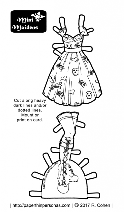 A rockabilly inspired paper doll dress covered in skulls, flowers, hearts and stars, plus matching boots. One of hundreds of paper doll designs from paperthinpersonas.com.
