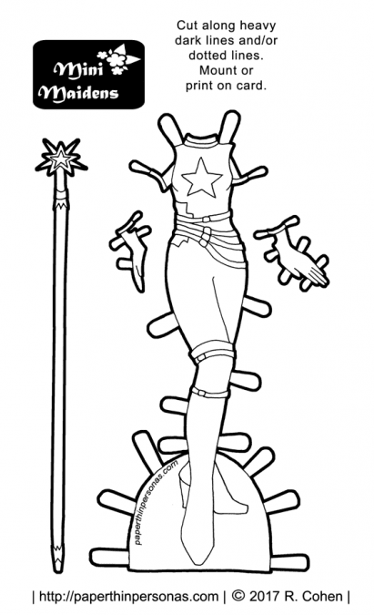 A paper doll superhero costume coloring page for the Mini-Maiden paper doll series from paperthinpersonas.com.