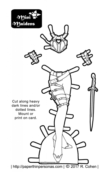 A paper doll fantasy armor coloring page with wrist guards and a sword, boots and a knife. The outfit is designed to fit the Mini-Maiden's printable paper doll series.