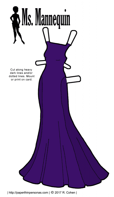 A long elegant modest paper doll evening gown in a rich orchid purple for the Ms. Mannequin paper doll series. Free to print from paperthinpersonas.com.