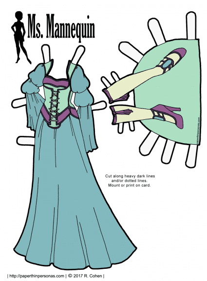 An elegant medieval inspired fantasy gown with stockings and shoes for the Ms. Mannequin printable paper doll series from paperthinpersonas.com. The gown has double puffed sleeves, a long skirt and a corset over top of it which is accented in piping. The shoes are multi-strapped high heels with stockings and garters.