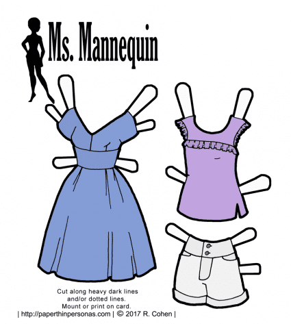 Summer paper doll clothes from paperthinpersonas.com. A dress, tank and a pair of shorts. 