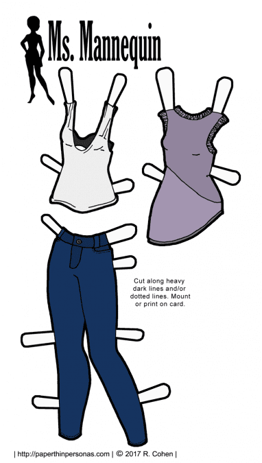 A set of urban fashion inspired printable paper doll clothing from paperthinpersonas.com. One pair of jeans and two tank tops make up today's paper doll outfit. 