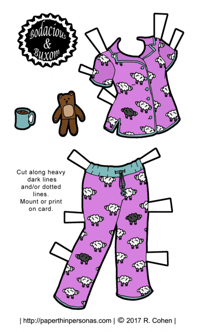 A pair of paper doll pajama's with sheep on them, plus a teddy bear and a cup of joe. Free to print in color or black and white.