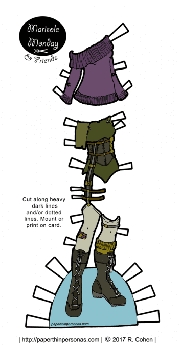 Paper doll post-apocalyptic fashion with boots, stockings and a sweater for the Marisole Monday and Friends printable paper doll series from paperthinpersonas.com.