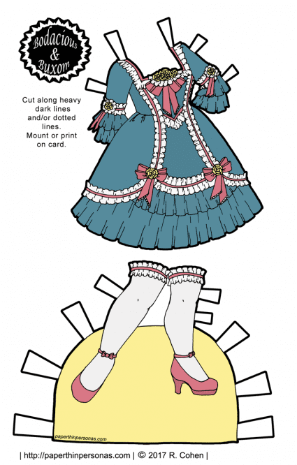 A printable paper doll Princess Lolita or Hime Lolita dress with thigh high socks from paperthinpersonas.com. Available in color or black and white for coloring.