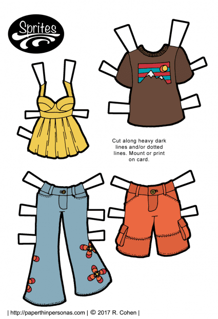 A set of summer paper doll clothing for boy and girl paper dolls in color or black and white from paperthinpersonas.com. Jeans, t-shirt, shorts and a tank top are all included. 