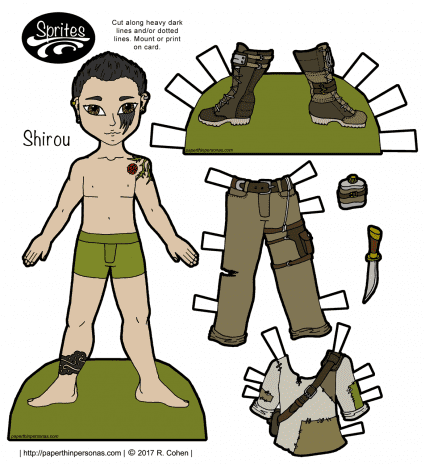 A post-apocalyptic printable paper doll guy with boots, pants and a shirt, plus tattoos and a canteen. One of hundreds of paper doll designs from paperthinperosnas.com.