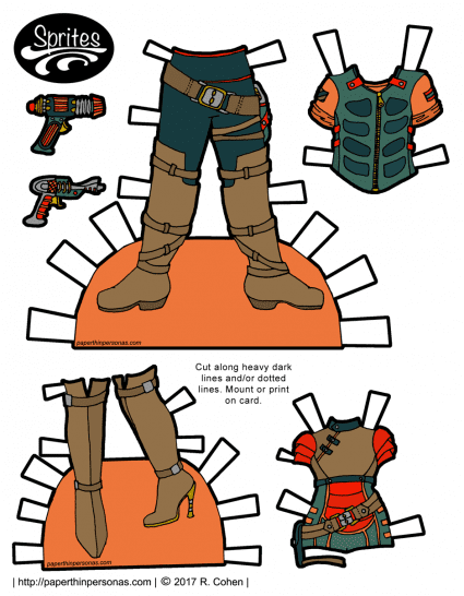 Space pirate printable paper doll outfits from paperthinpersonas.com with ray-guns and tall boots. 