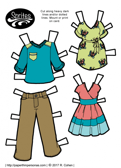 Contemporary paper doll clothing set which includes a pair of pants and shirt for a boy paper doll and two dresses for a girl paper doll. The clothing can be worn by any of the Sprites paper doll series. 