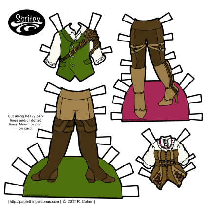 Steampunk paper doll fashions for men and women designed for the Sprites paper doll collection on paperthinpersonas.com. One of hundreds of free paper dolls to print and play with. 