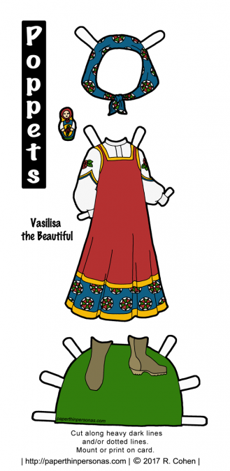 A paper doll costume for Vasilisa the Beautiful to print and play with. The traditional Russian outfit includes a sarafan and blouse with a headscarf and boots. She even has a tiny matryoshka doll.