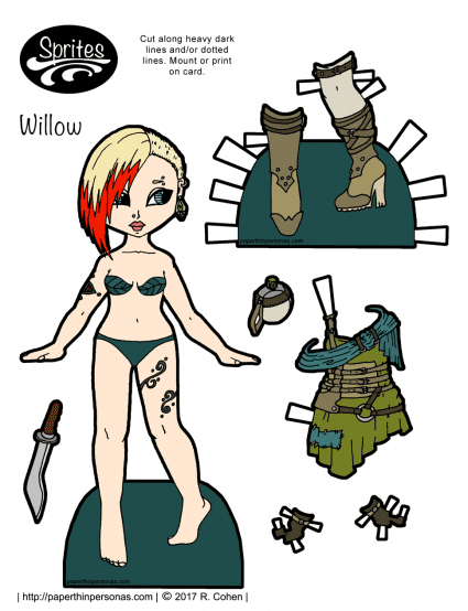 A post-apocalyptic fashion printable paper doll with a green and teal dress, boots and tattoos. Free to print and play with from paperthinpersonas.com.