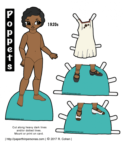 A paper doll of the Poppet series with brown skin, black hair and brown eyes. She has a 1920s set of underwear and two pairs of shoes.