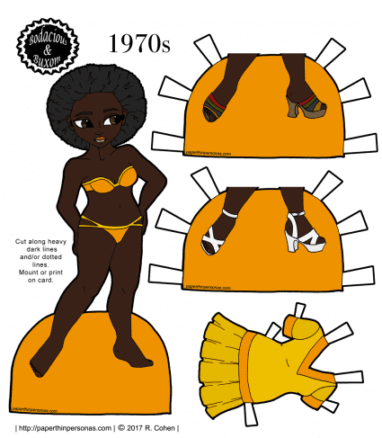 A black paper doll with an afro and 1970s fashion with shoes and a dress. Free to print from paperthinpersonas.com. 