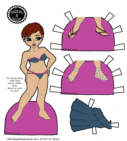 A redheaded paper doll with a chambray dress and two pairs of sandals from paperthinpersonas.com. Free to print in color or black and white. 