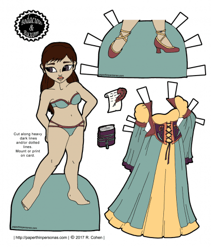 A fantasy paper doll with a gown from paperthinpersonas.com. 