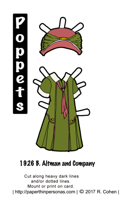 A historical vintage 1926 printable paper doll dress with matching hat for the Poppets printable paper doll series from paperthinpersonas.com.