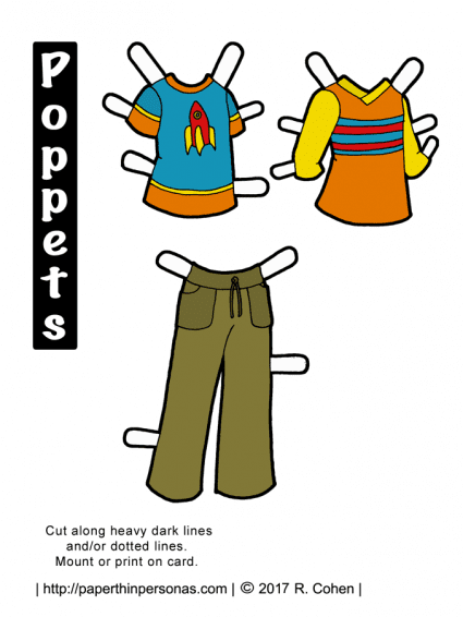 A printable paper doll clothing set with two shirts and a pair of pants for the Poppet paper doll series from paperthinpersonas.com. 