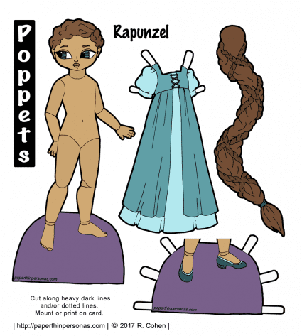 My Rapunzel paper doll is printable and has a long braid of hair. Her skin is a soft brown color and her hair is darker brown. Her dress is two layers in darker and lighter teal. She has matching shoes.